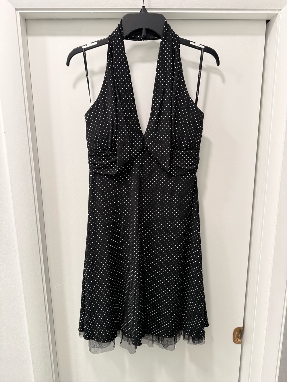 My Michelle, Black Polka Dot Halter Dress with tulle trim skirt, size L